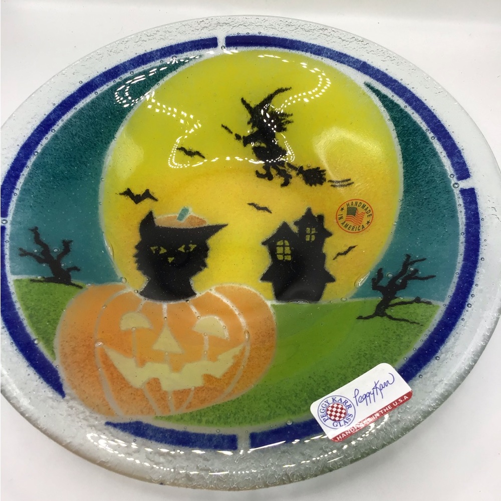 Peggy Karr Glass 10” Round In Halloween Design Serving Platter Handmade